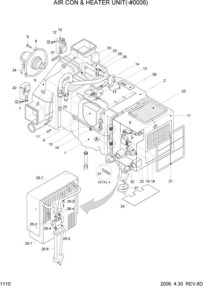 Схема запчастей Hyundai R80-7 - PAGE 1110 AIRCON & HEATER UNIT(-#0006) СИСТЕМА ДВИГАТЕЛЯ