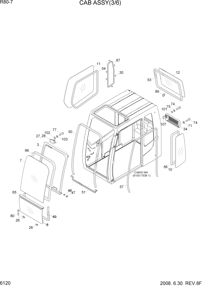 Схема запчастей Hyundai R80-7 - PAGE 6120 CAB ASSY(3/6) СТРУКТУРА