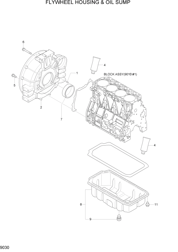 Схема запчастей Hyundai R80-7 - PAGE 9030 FLYWHEEL HOUSING & OIL SUMP ДВИГАТЕЛЬ БАЗА