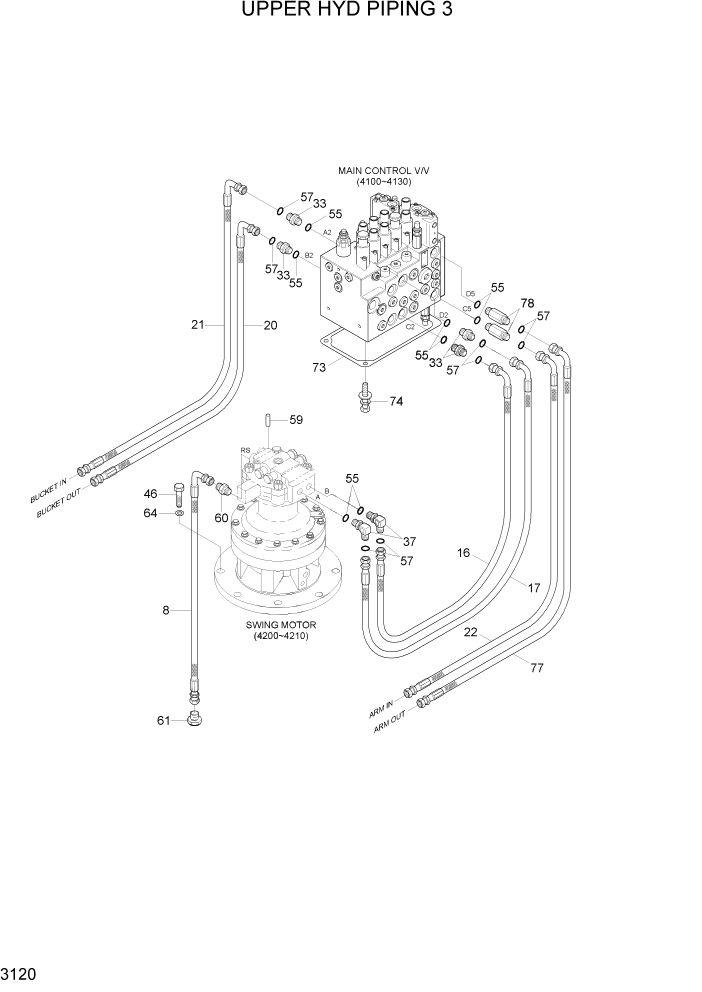 Схема запчастей Hyundai R80-7A - PAGE 3120 UPPER HYD PIPING 3 ГИДРАВЛИЧЕСКАЯ СИСТЕМА