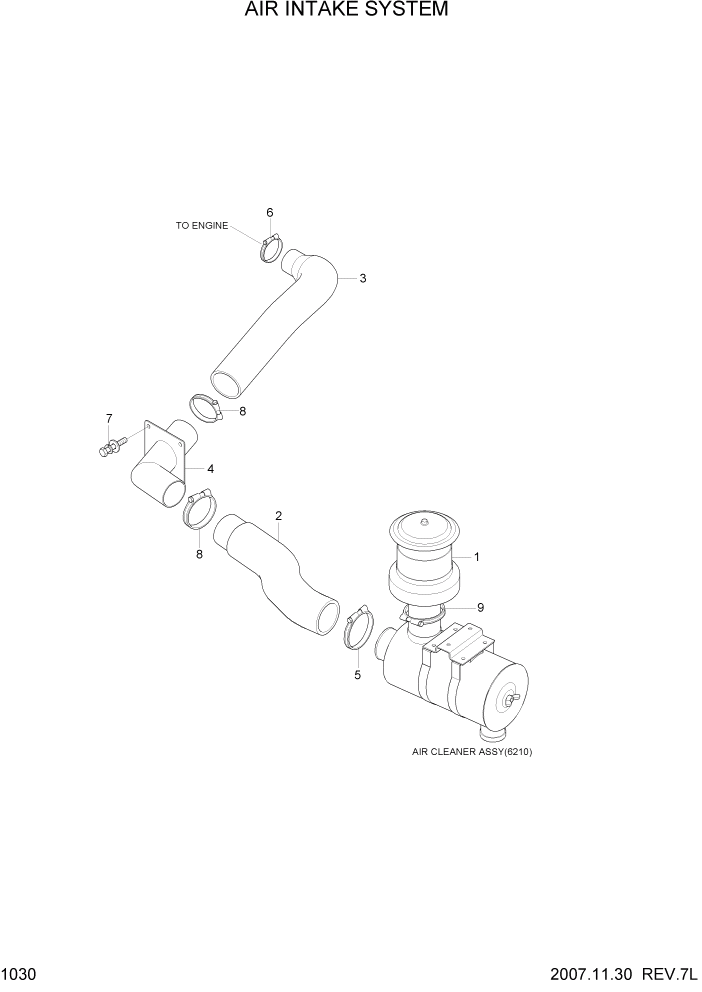 Схема запчастей Hyundai R110-7 - PAGE 1030 AIR INTAKE SYSTEM СИСТЕМА ДВИГАТЕЛЯ