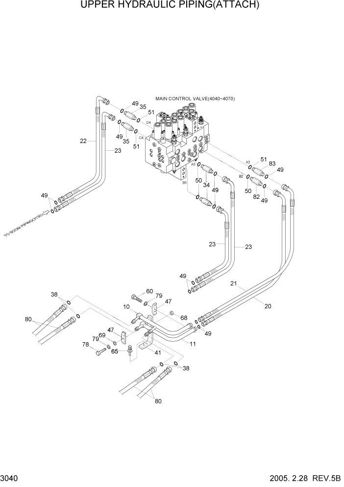 Схема запчастей Hyundai R110-7 - PAGE 3040 UPPER HYDRAULIC PIPING(ATTACH) ГИДРАВЛИЧЕСКАЯ СИСТЕМА