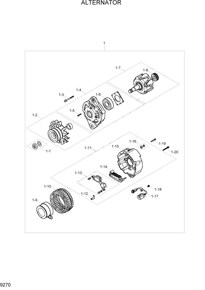 Схема запчастей Hyundai R110-7 - PAGE 9270 ALTERNATOR ДВИГАТЕЛЬ БАЗА