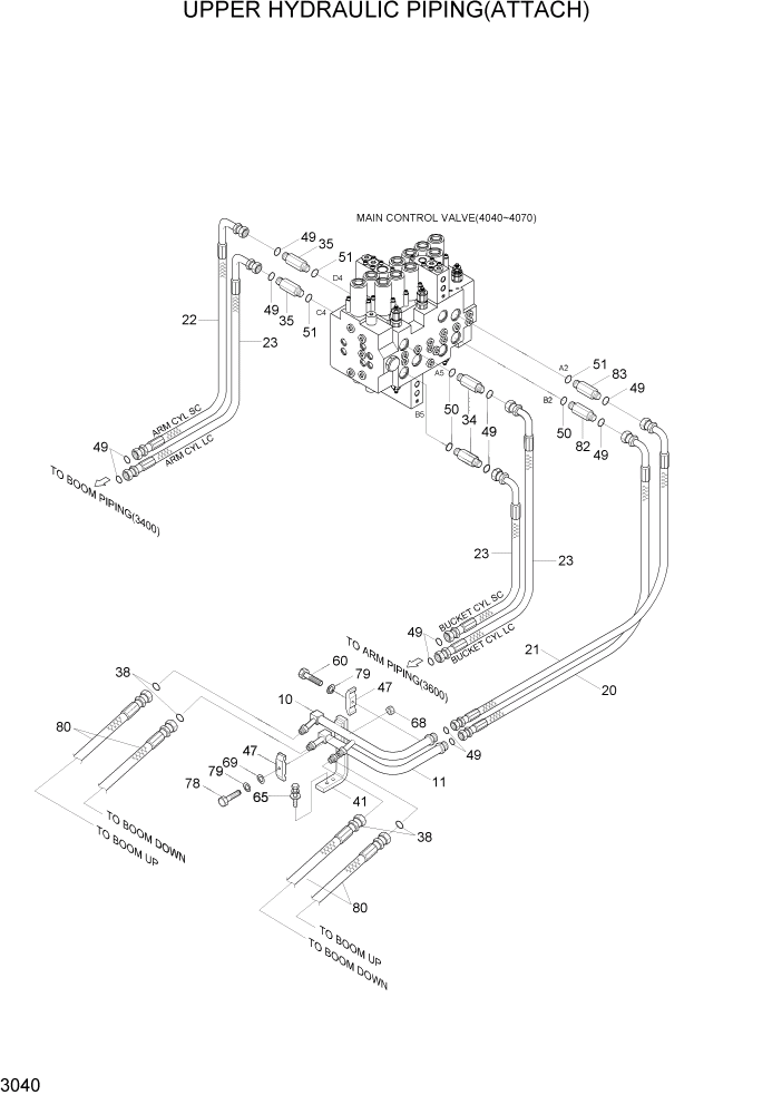 Схема запчастей Hyundai R110-7A - PAGE 3040 UPPER HYDRAULIC PIPING(ATTACH) ГИДРАВЛИЧЕСКАЯ СИСТЕМА