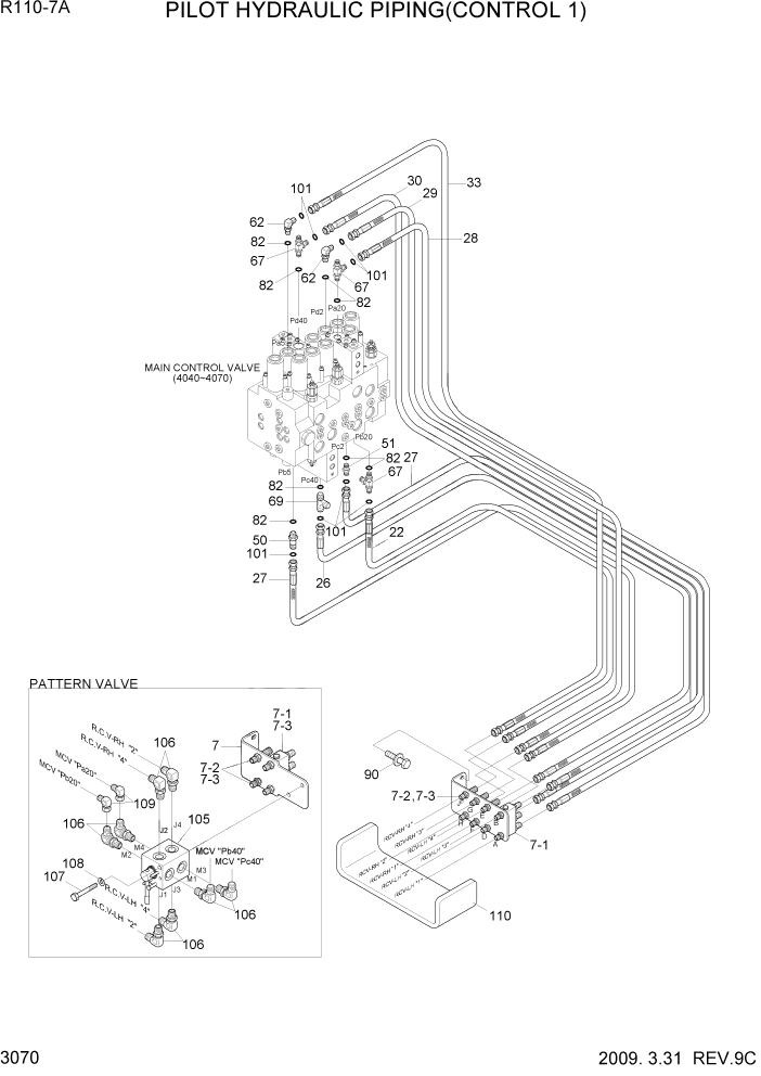 Схема запчастей Hyundai R110-7A - PAGE 3070 PILOT HYDRAULIC PIPING(CONTROL 1) ГИДРАВЛИЧЕСКАЯ СИСТЕМА