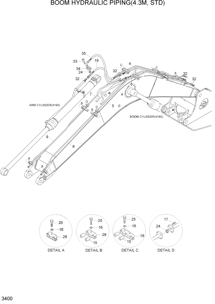 Схема запчастей Hyundai R110-7A - PAGE 3400 BOOM HYDRAULIC PIPING(4.3M, STD) ГИДРАВЛИЧЕСКАЯ СИСТЕМА