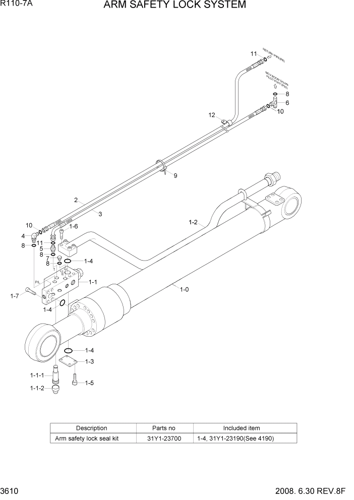 Схема запчастей Hyundai R110-7A - PAGE 3610 ARM SAFETY LOCK SYSTEM ГИДРАВЛИЧЕСКАЯ СИСТЕМА