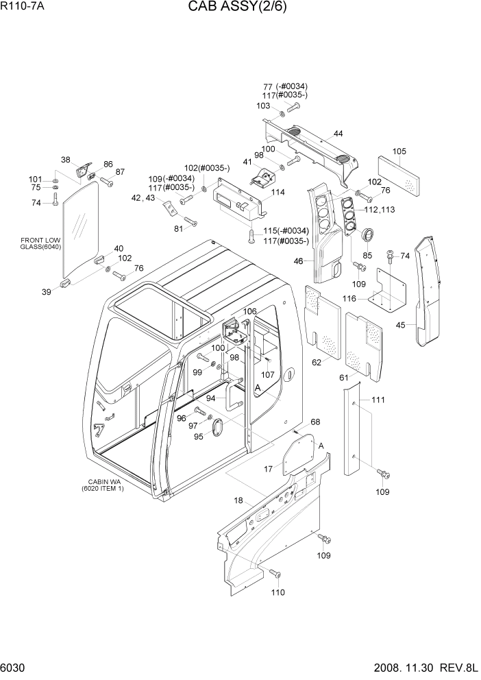Схема запчастей Hyundai R110-7A - PAGE 6030 CAB ASSY(2/6) СТРУКТУРА
