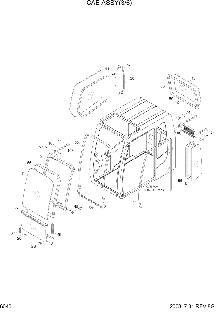 Схема запчастей Hyundai R110-7A - PAGE 6040 CAB ASSY(3/6) СТРУКТУРА