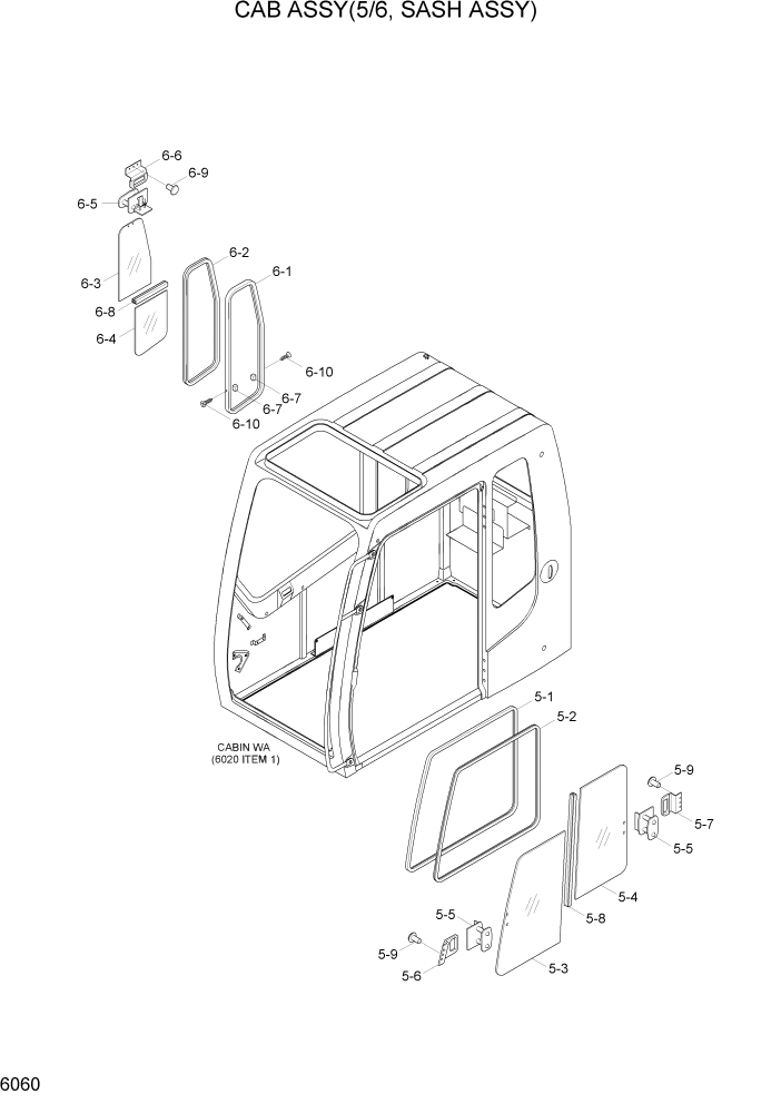 Схема запчастей Hyundai R110-7A - PAGE 6060 CAB ASSY(5/6, SASH ASSY) СТРУКТУРА