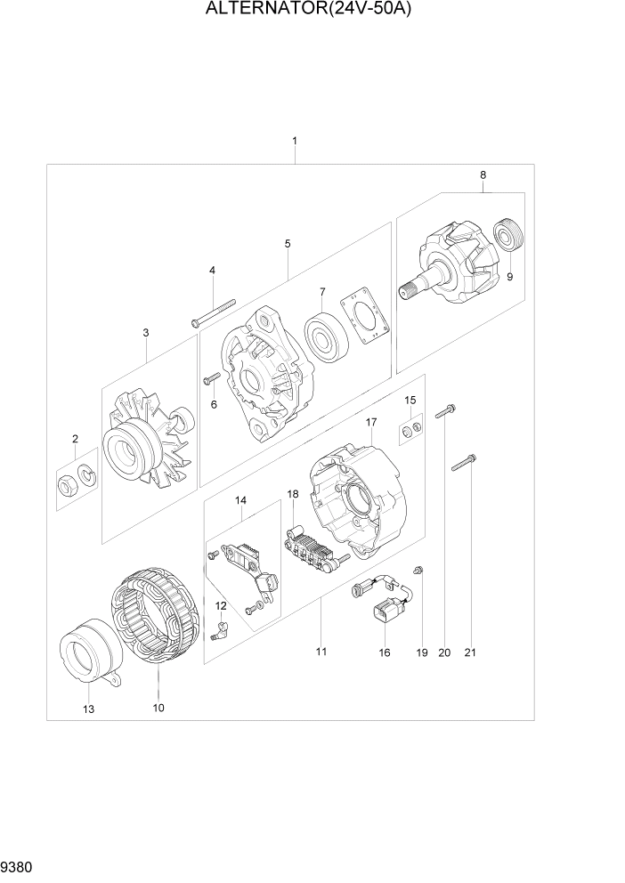 Схема запчастей Hyundai R110-7A - PAGE 9380 ALTERNATOR(24V-50A) ДВИГАТЕЛЬ БАЗА