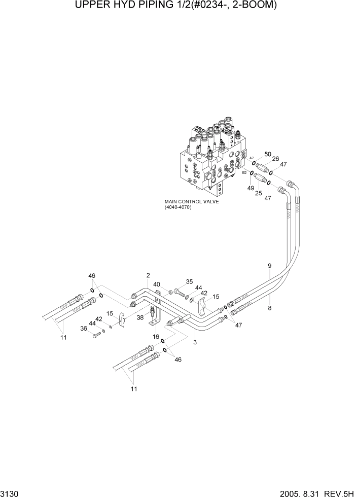 Схема запчастей Hyundai R140LC-7 - PAGE 3130 UPPER HYD PIPING 1(ADJUST BM, #0234-) ГИДРАВЛИЧЕСКАЯ СИСТЕМА
