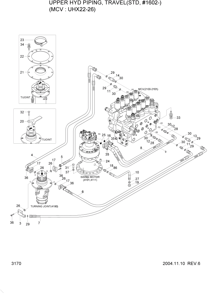 Схема запчастей Hyundai R140LC-7 - PAGE 3170 UPPER HYD PIPING(TRAVEL, STD, #1602-) ГИДРАВЛИЧЕСКАЯ СИСТЕМА