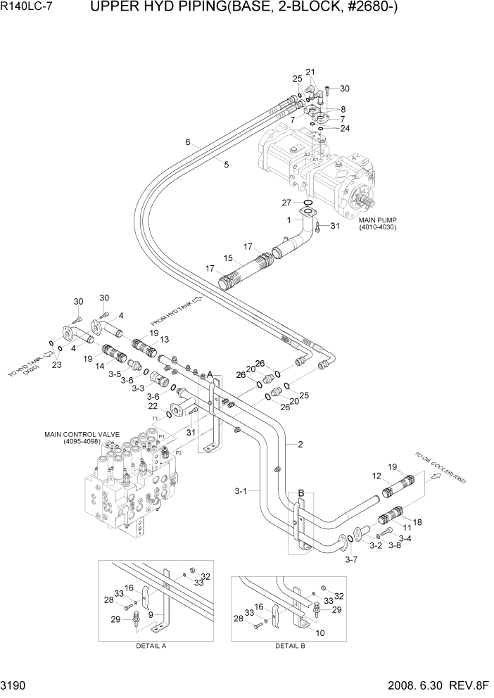 Схема запчастей Hyundai R140LC-7 - PAGE 3190 UPPER HYD PIPING(BASE, 2-BLOCK, #2680-) ГИДРАВЛИЧЕСКАЯ СИСТЕМА