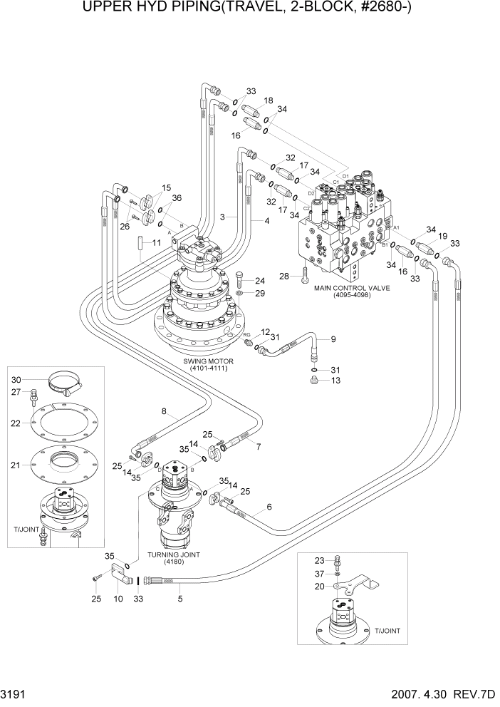 Схема запчастей Hyundai R140LC-7 - PAGE 3191 UPPER HYD PIPING(TRAVEL,2-BLOCK, #2680-) ГИДРАВЛИЧЕСКАЯ СИСТЕМА