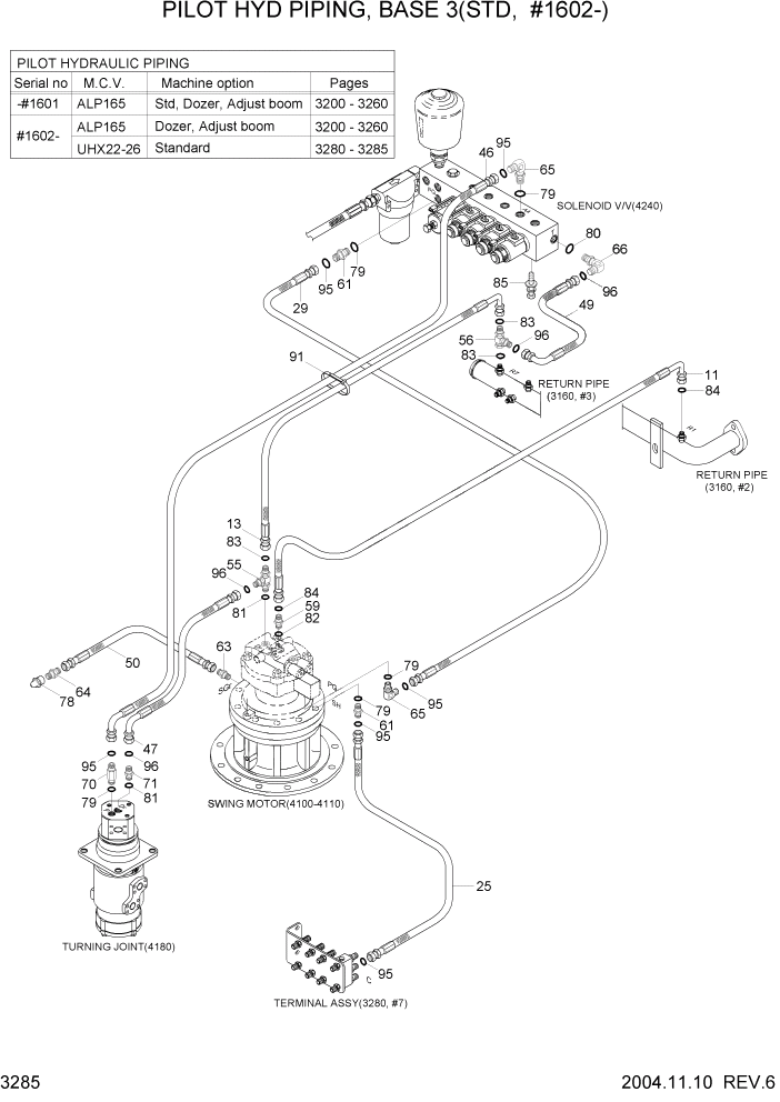 Схема запчастей Hyundai R140LC-7 - PAGE 3285 PILOT HYD PIPING(BASE 3, STD, #1602-) ГИДРАВЛИЧЕСКАЯ СИСТЕМА