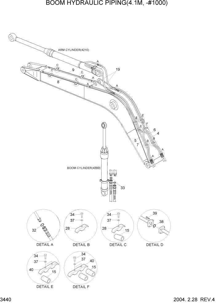 Схема запчастей Hyundai R140LC-7 - PAGE 3440 BOOM HYD PIPING(4.1M, -#1000) ГИДРАВЛИЧЕСКАЯ СИСТЕМА
