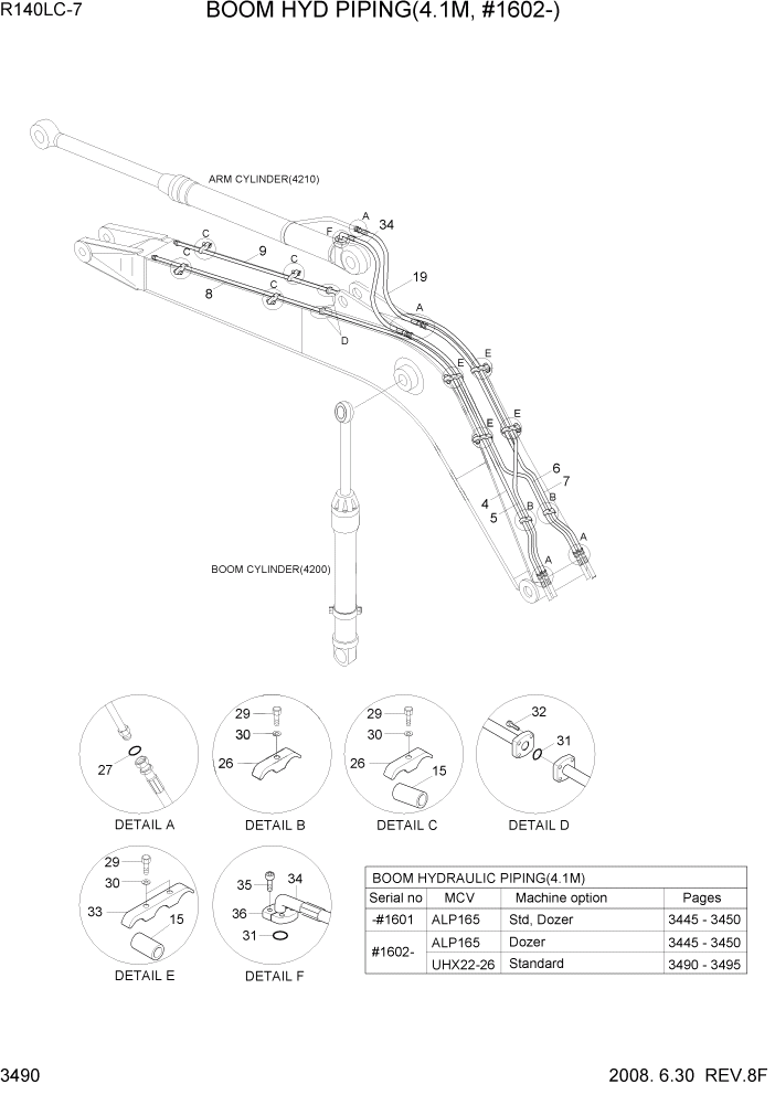 Схема запчастей Hyundai R140LC-7 - PAGE 3490 BOOM HYD PIPING(4.1M, #1602-) ГИДРАВЛИЧЕСКАЯ СИСТЕМА