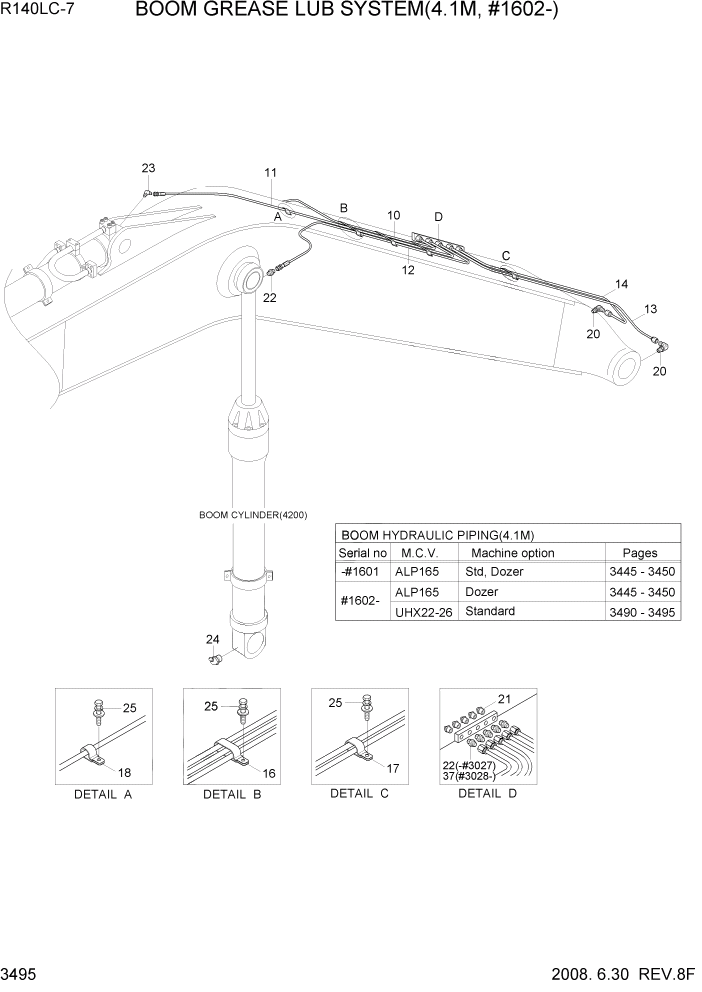 Схема запчастей Hyundai R140LC-7 - PAGE 3495 BOOM GREASE LUB SYSTEM(4.1M, #1602-) ГИДРАВЛИЧЕСКАЯ СИСТЕМА