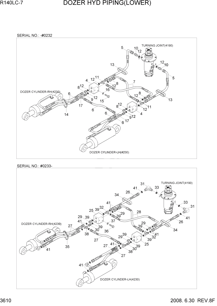 Схема запчастей Hyundai R140LC-7 - PAGE 3610 DOZER HYD PIPING(LOWER) ГИДРАВЛИЧЕСКАЯ СИСТЕМА