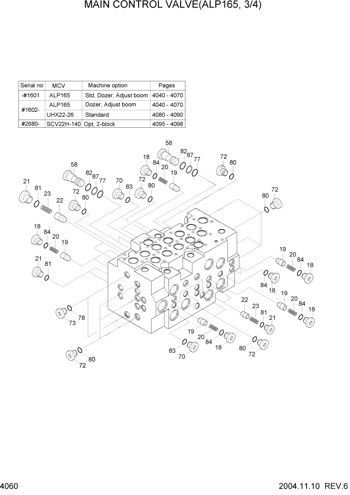Схема запчастей Hyundai R140LC-7 - PAGE 4060 MAIN CONTROL VALVE(ALP165,3/4) ГИДРАВЛИЧЕСКИЕ КОМПОНЕНТЫ