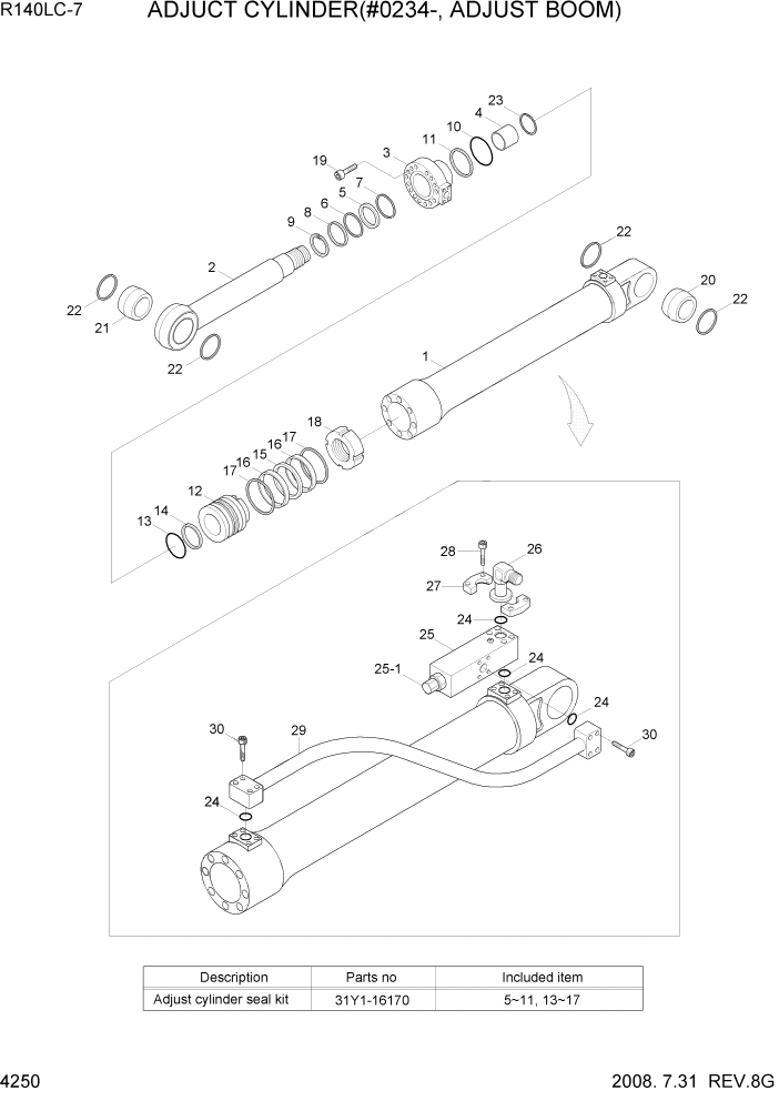 Схема запчастей Hyundai R140LC-7 - PAGE 4250 ADJUST CYLINDER(#0234-, ADJUST BOOM) ГИДРАВЛИЧЕСКИЕ КОМПОНЕНТЫ