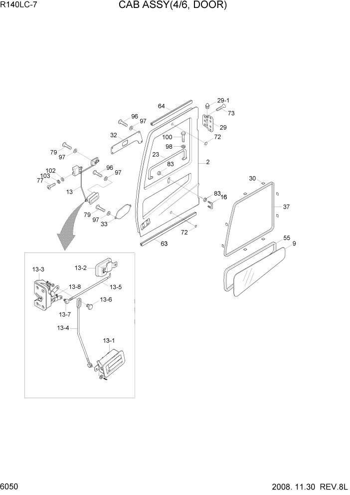 Схема запчастей Hyundai R140LC-7 - PAGE 6050 CAB ASSY(4/6, DOOR) СТРУКТУРА