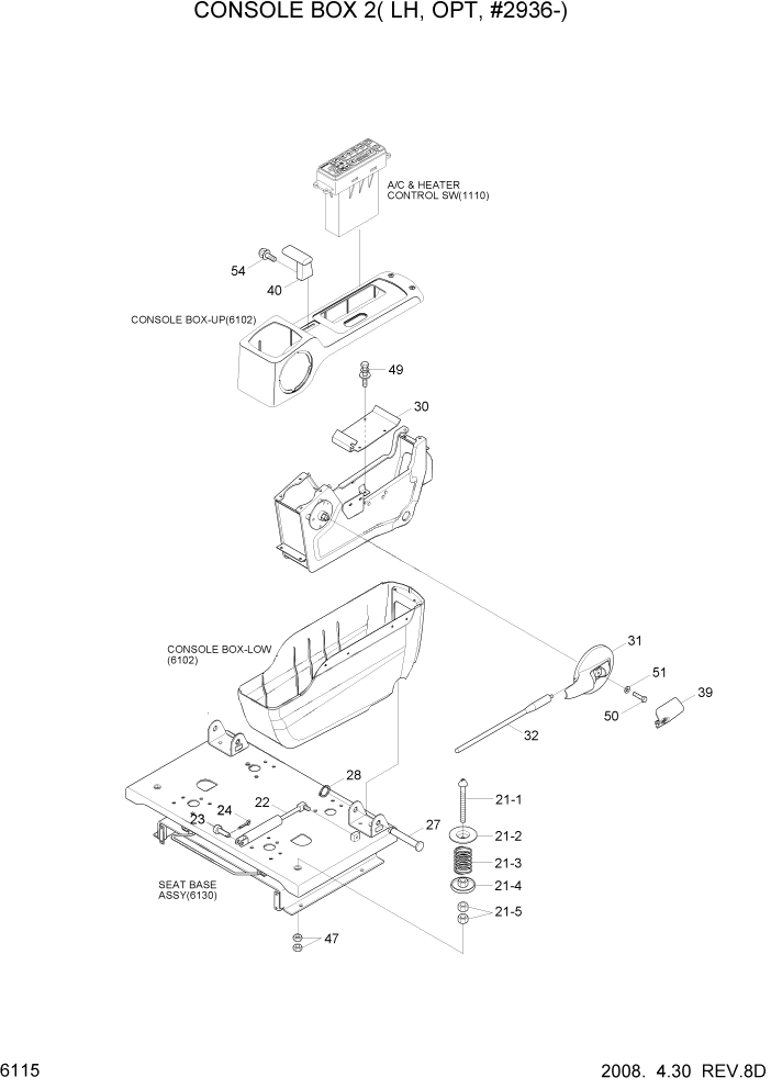 Схема запчастей Hyundai R140LC-7 - PAGE 6115 CONSOLE BOX 2(LH, OPT, #2936-) СТРУКТУРА