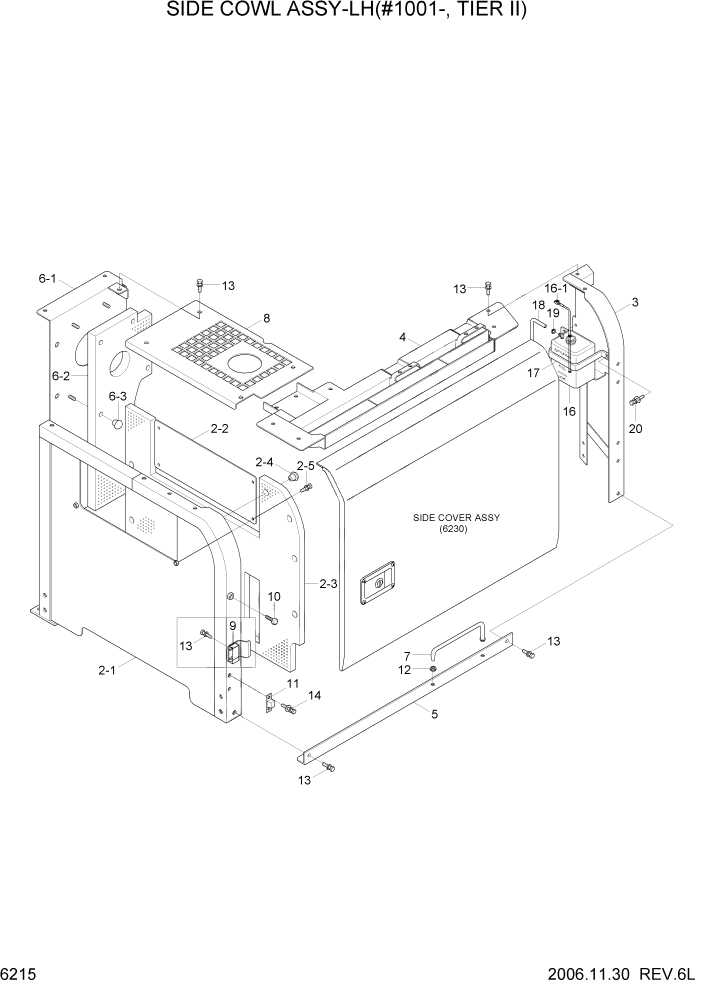 Схема запчастей Hyundai R140LC-7 - PAGE 6215 SIDE COWL ASSY-LH(#1001-, TIER II) СТРУКТУРА