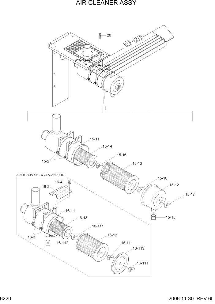 Схема запчастей Hyundai R140LC-7 - PAGE 6220 AIR CLEANER ASSY СТРУКТУРА