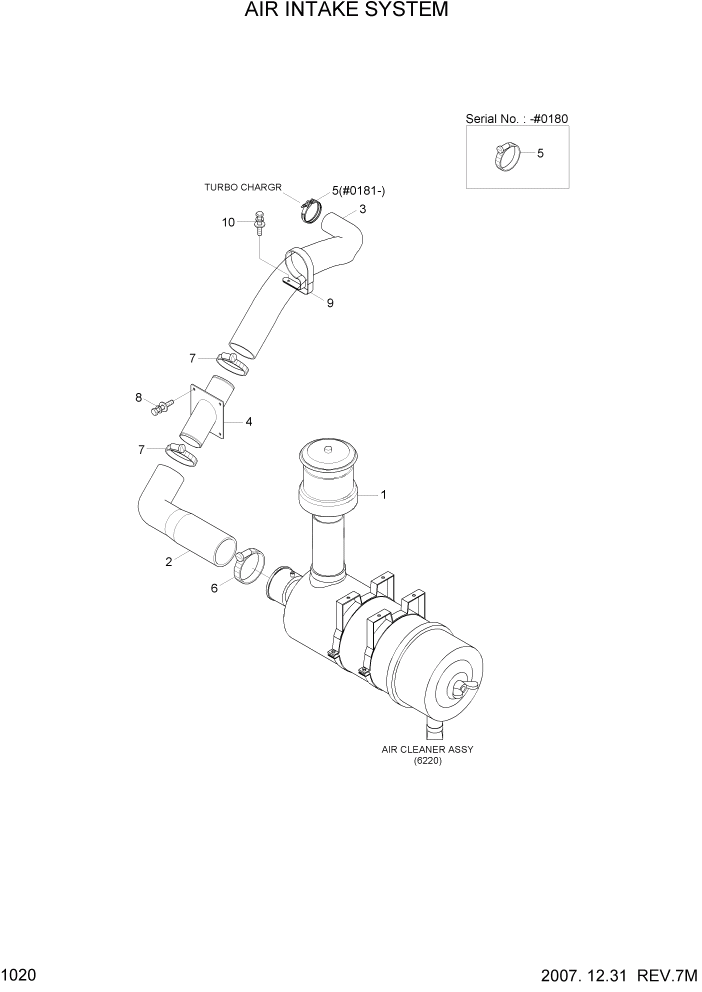 Схема запчастей Hyundai R140LC-7A - PAGE 1020 AIR INTAKE SYSTEM СИСТЕМА ДВИГАТЕЛЯ
