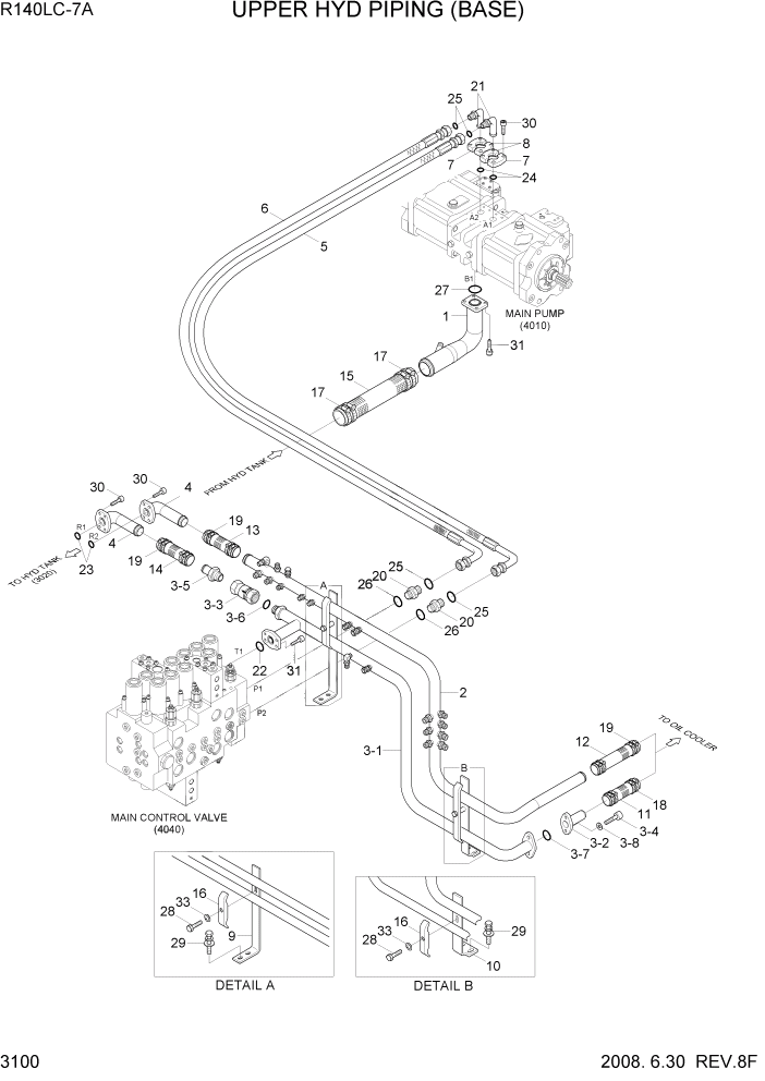 Схема запчастей Hyundai R140LC-7A - PAGE 3100 UPPER HYD PIPING(BASE) ГИДРАВЛИЧЕСКАЯ СИСТЕМА