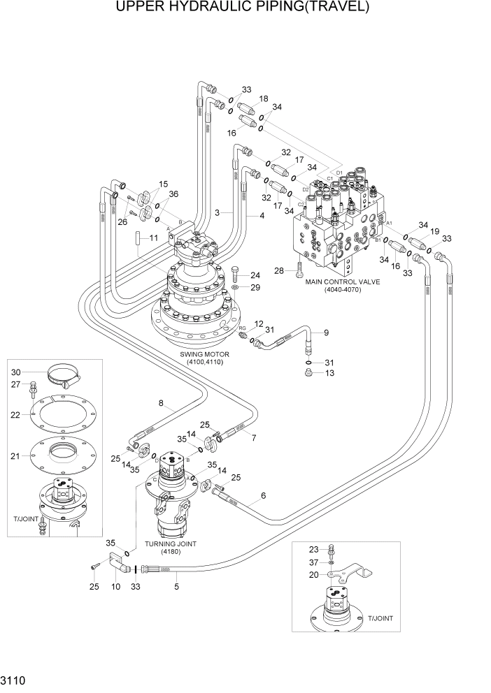 Схема запчастей Hyundai R140LC-7A - PAGE 3110 UPPER HYD PIPING(TRAVEL) ГИДРАВЛИЧЕСКАЯ СИСТЕМА