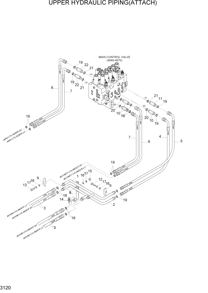 Схема запчастей Hyundai R140LC-7A - PAGE 3120 UPPER HYD PIPING(ATTACH) ГИДРАВЛИЧЕСКАЯ СИСТЕМА