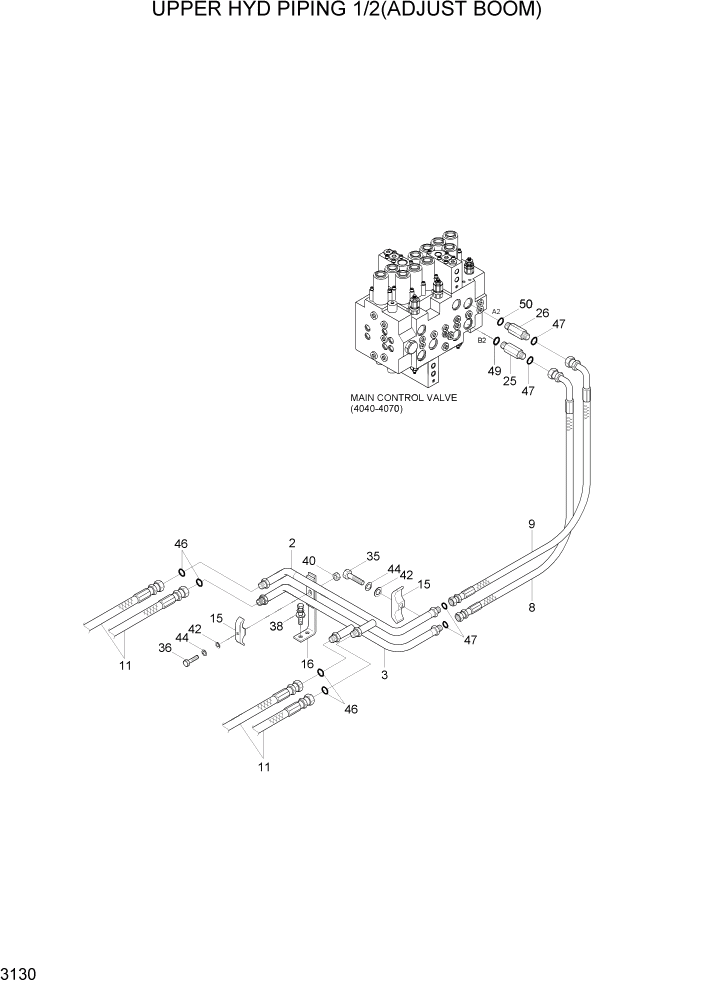 Схема запчастей Hyundai R140LC-7A - PAGE 3130 UPPER HYD PIPING (1/2, ADJUST BOOM) ГИДРАВЛИЧЕСКАЯ СИСТЕМА