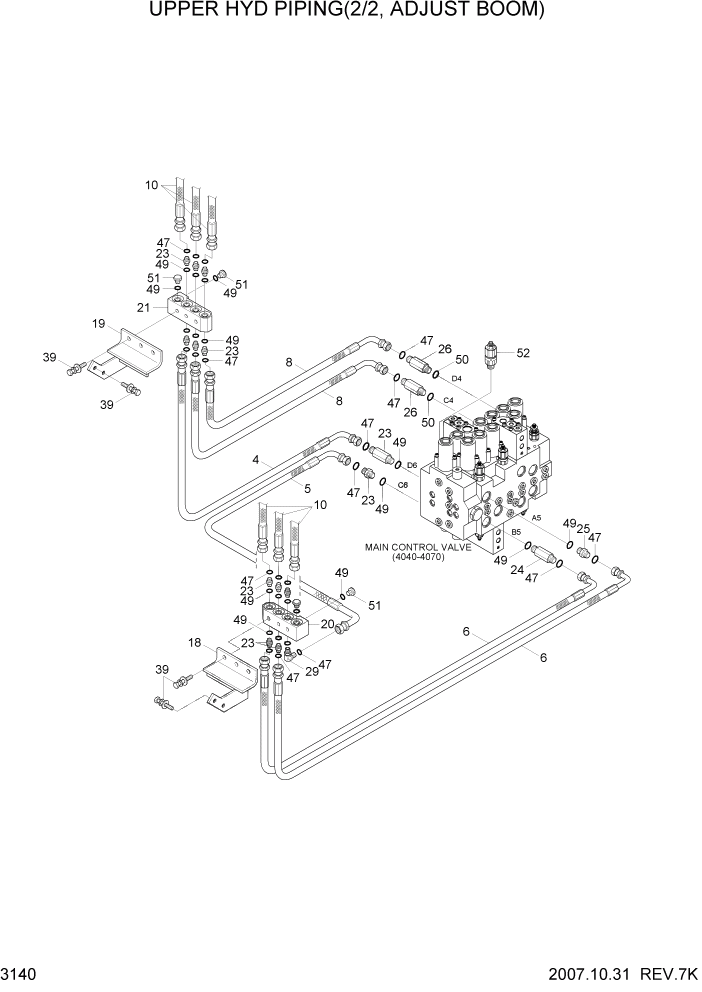 Схема запчастей Hyundai R140LC-7A - PAGE 3140 UPPER HYD PIPING (2/2, ADJUST BOOM) ГИДРАВЛИЧЕСКАЯ СИСТЕМА