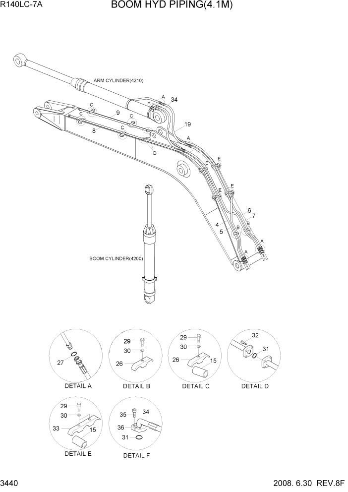 Схема запчастей Hyundai R140LC-7A - PAGE 3440 BOOM HYD PIPING(4.1M) ГИДРАВЛИЧЕСКАЯ СИСТЕМА