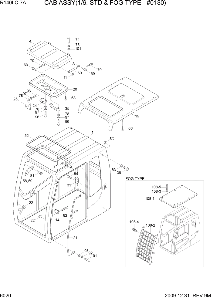 Схема запчастей Hyundai R140LC-7A - PAGE 6020 CAB ASSY(1/6, STD & FOG TYPE, -#0180) СТРУКТУРА