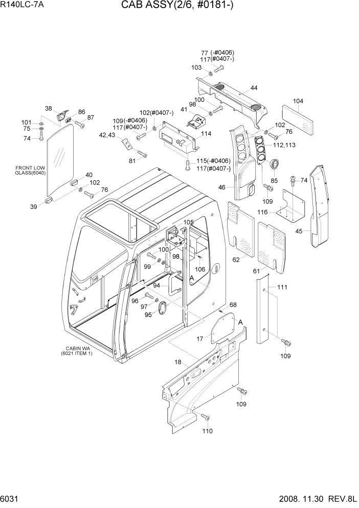 Схема запчастей Hyundai R140LC-7A - PAGE 6031 CAB ASSY(2/6, #0181-) СТРУКТУРА