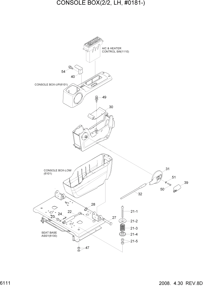 Схема запчастей Hyundai R140LC-7A - PAGE 6111 CONSOLE BOX 2(LH, #0181-) СТРУКТУРА