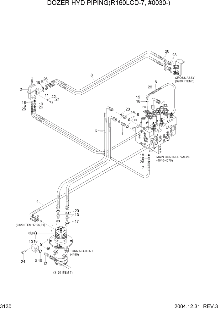 Схема запчастей Hyundai R160LC7 - PAGE 3130 DOZER HYD PIPING(R160LCD-7, #0030-) ГИДРАВЛИЧЕСКАЯ СИСТЕМА