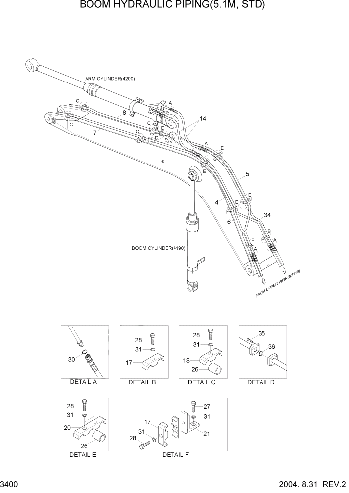 Схема запчастей Hyundai R160LC7 - PAGE 3400 BOOM HYDRAULIC PIPING(5.1M, STD) ГИДРАВЛИЧЕСКАЯ СИСТЕМА