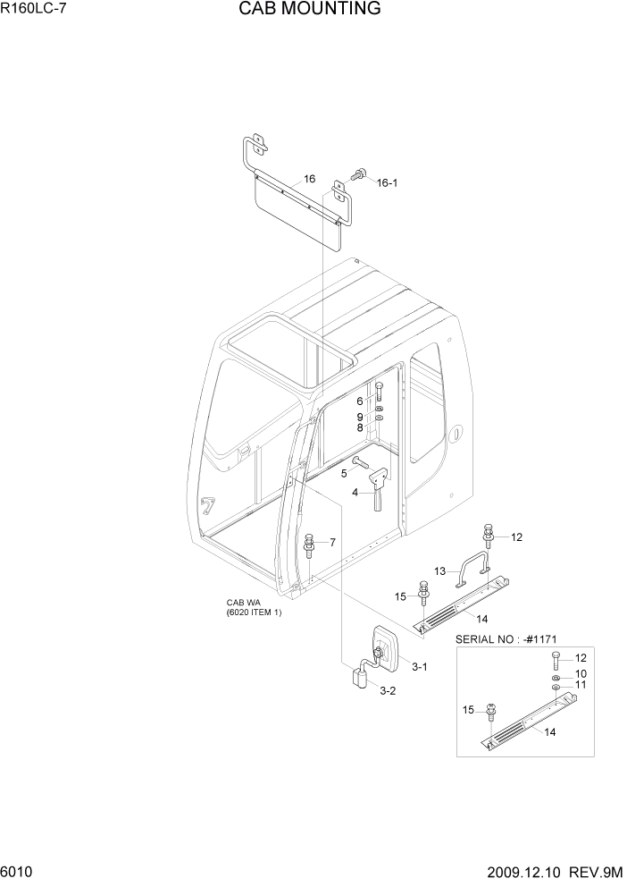 Схема запчастей Hyundai R160LC7 - PAGE 6010 CAB MOUNTING СТРУКТУРА