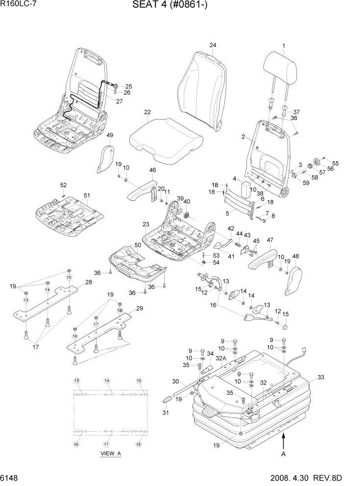Схема запчастей Hyundai R160LC7 - PAGE 6148 SEAT(AIR SUSP & HEATED, #0861-, OPT) СТРУКТУРА