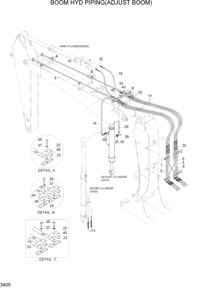 Схема запчастей Hyundai R160LC7A - PAGE 3405 BOOM HYD PIPING(ADJUST BOOM) ГИДРАВЛИЧЕСКАЯ СИСТЕМА