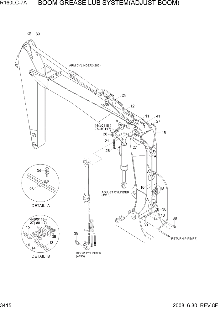 Схема запчастей Hyundai R160LC7A - PAGE 3415 BOOM GREASE LUB SYSTEM(ADJUST BOOM) ГИДРАВЛИЧЕСКАЯ СИСТЕМА