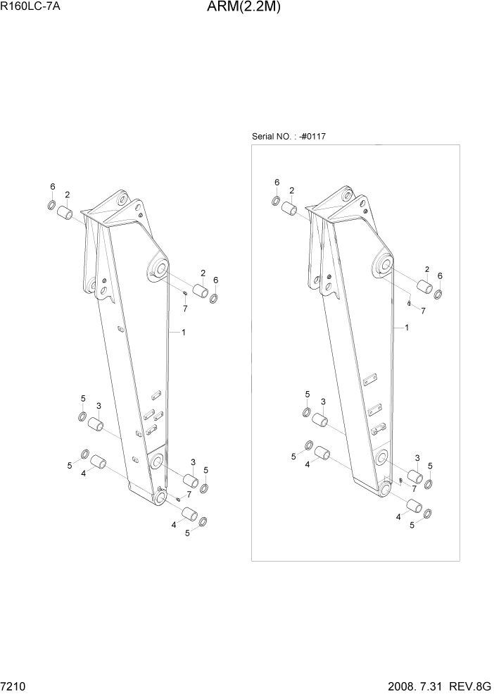 Схема запчастей Hyundai R160LC7A - PAGE 7210 ARM(2.2M) РАБОЧЕЕ ОБОРУДОВАНИЕ