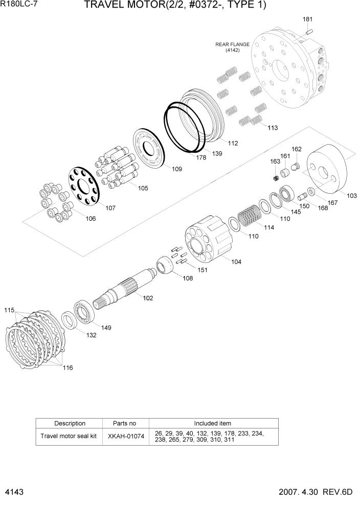 Схема запчастей Hyundai R180LC7 - PAGE 4143 TRAVEL MOTOR(2/2, #0372-, TYPE 1) ГИДРАВЛИЧЕСКИЕ КОМПОНЕНТЫ