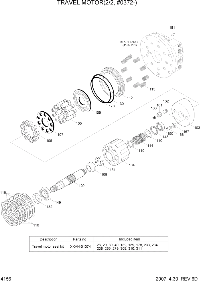 Схема запчастей Hyundai R180LC7 - PAGE 4156 TRAVEL MOTOR(2/2, #0372-) ГИДРАВЛИЧЕСКИЕ КОМПОНЕНТЫ