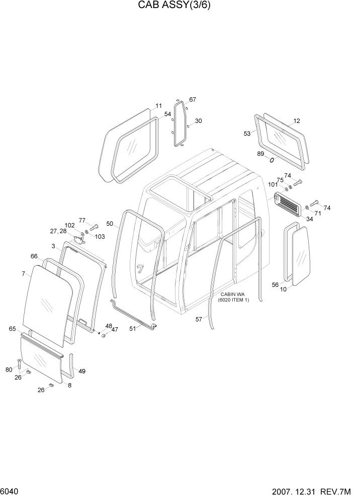 Схема запчастей Hyundai R180LC7 - PAGE 6040 CAB ASSY(3/6) СТРУКТУРА